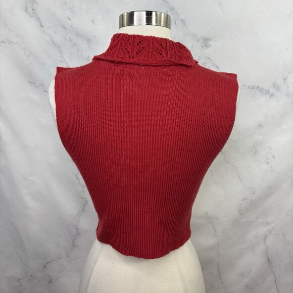 Vtg y2k Ribbed Knit Red Cropped Turtleneck Sweater Sleeveless Crochet S Retro - Picture 3 of 14